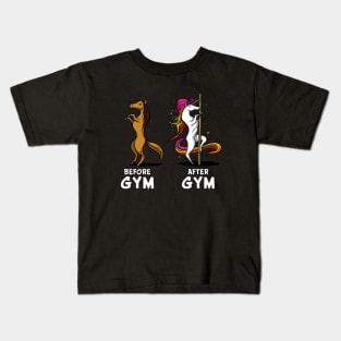 Before And After Gym Unicorn Magical Pole Dancing Kids T-Shirt